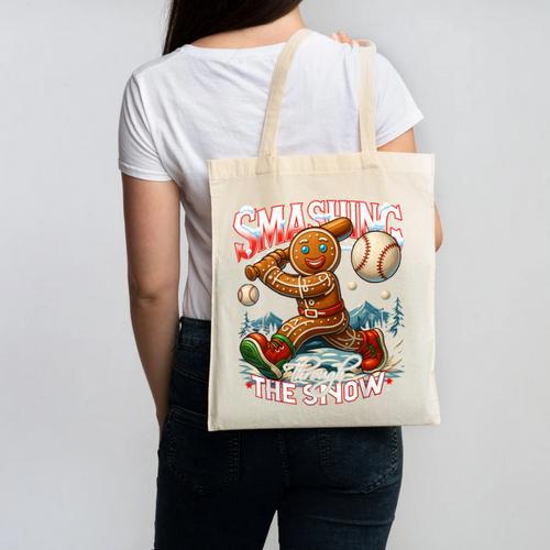 Baseball Player Christmas Gingerbread Smashing Through Snow Canvas Tote Bag - Sportilla