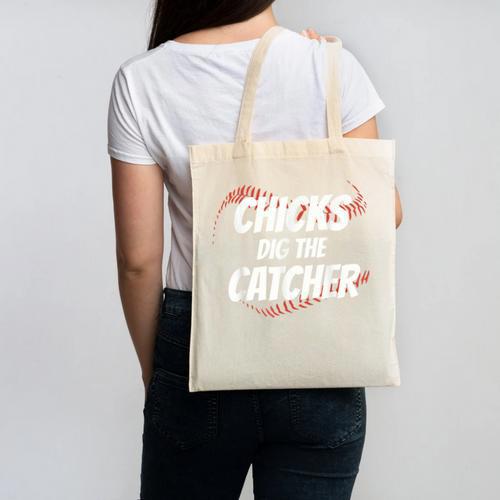 Baseball Seams Chicks Dig The Catcher Canvas Tote Bag - Sportilla