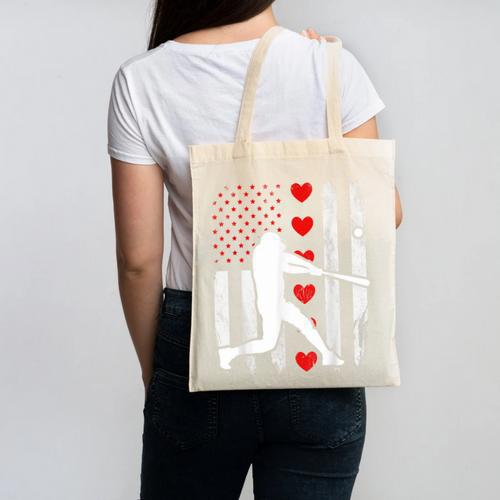 Baseball Silhouette Heart USA Flag Hearts American Boys Kids Canvas Tote Bag - Sportilla