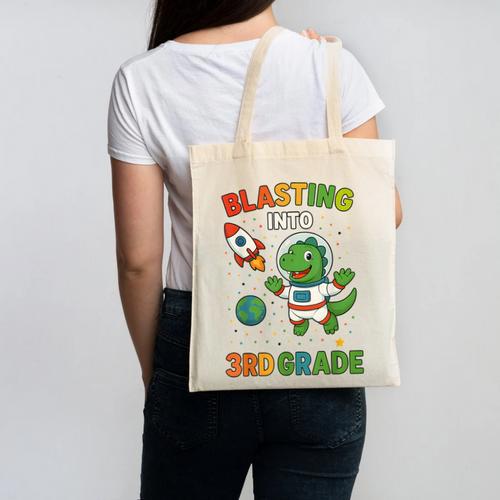 Blasting Into 3rd Grade Dinosaur Astronaut Back To School Canvas Tote Bag - Savourry