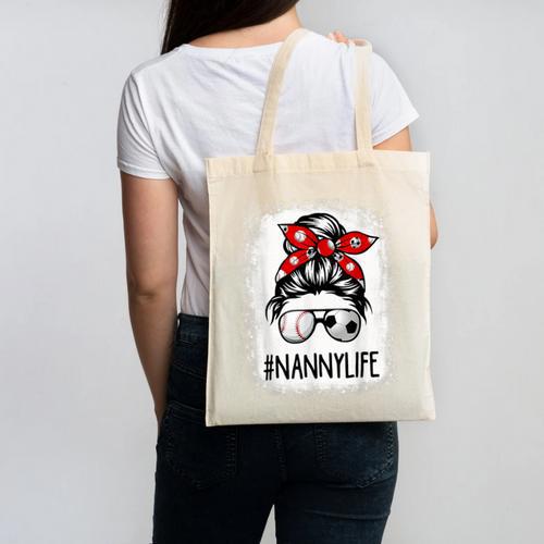 Bleached Nanny Life Soccer Messy Bun Baseball Game Day Canvas Tote Bag - Sportilla