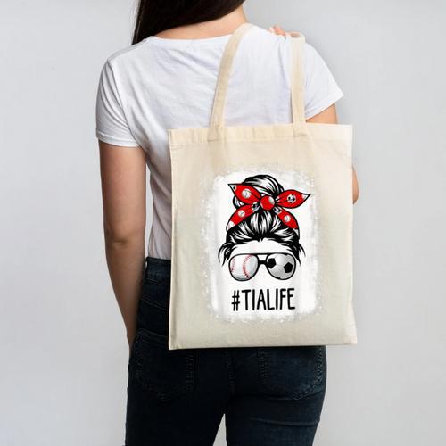 Bleached Tia Life Soccer Messy Bun Baseball Game Day Canvas Tote Bag - Sportilla