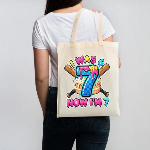 Blue Checkered I Was 6 Now I'm 7 Birthday Cake Baseball Drip Canvas Tote Bag - Sportilla