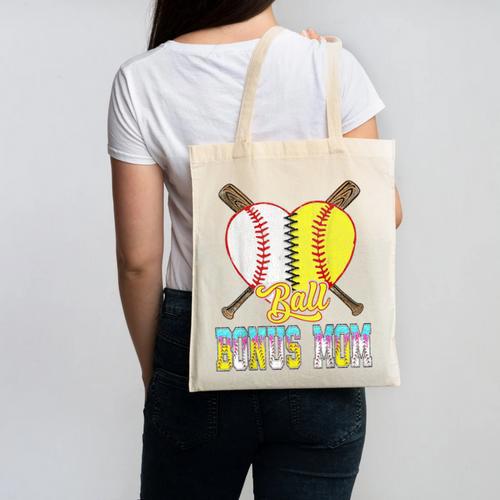 Bonus Mom Of Both Half Baseball Softball Ice Cream Drip Canvas Tote Bag - Sportilla