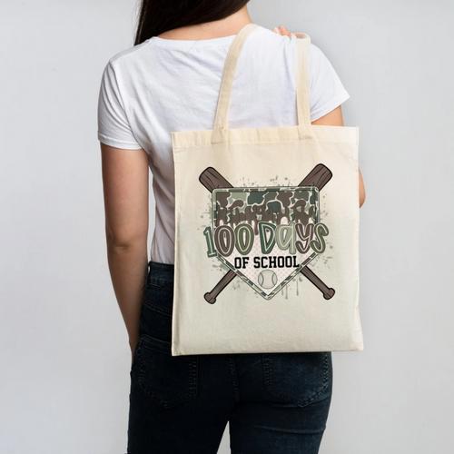 Camo 100 Days Of School Baseball Home Plate Drip Boy Kids Canvas Tote Bag - Sportilla