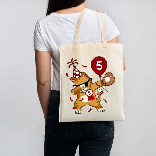 Dabbing Cool Cat Baseball 5th Birthday Canvas Tote Bag - Sportilla