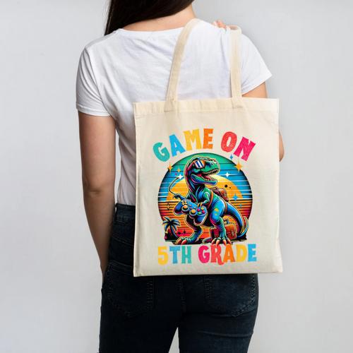 Dinosaur Video Games Back To School 5th Grade Boys Gamer Canvas Tote Bag - Savourry
