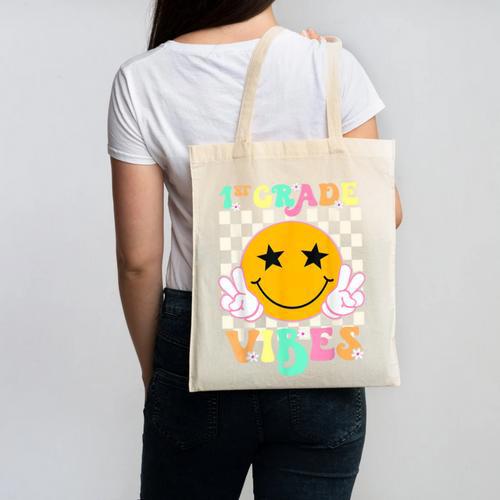 Girls 1st Grade Vibes Smile Face Back To School 1st Grade Canvas Tote Bag - Savourry