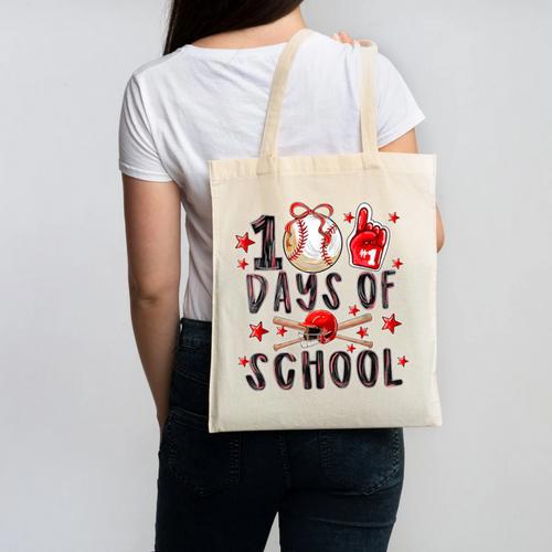 Happy 100 Days Of School Baseball Girls Coquette Bow Teacher Canvas Tote Bag - Sportilla