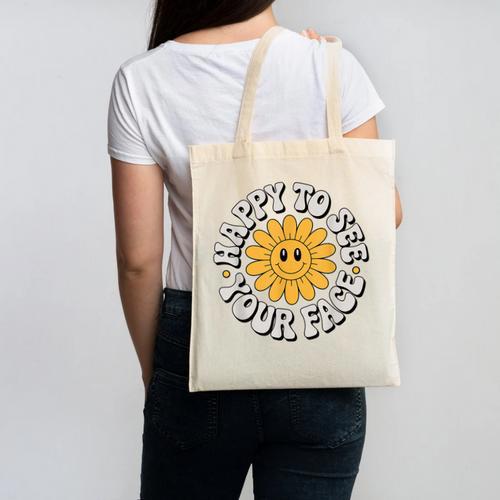 Happy Face Daisy Flower Retro Back To School Cute Graphic Canvas Tote Bag - Savourry