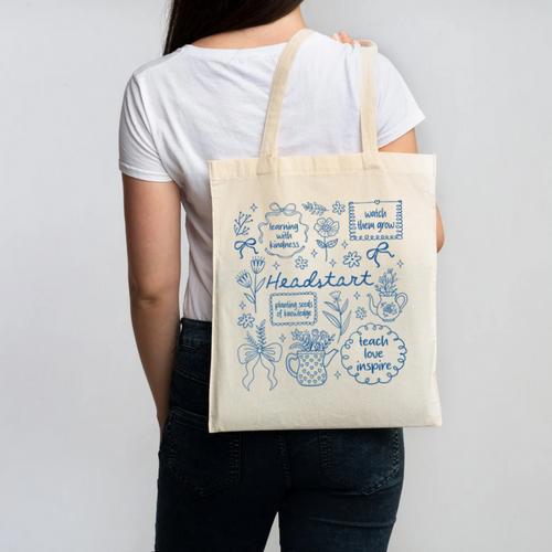 Headstart Love Inspire Teach Blue Bow Back To School Canvas Tote Bag - Savourry