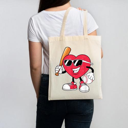 Heart Play Baseball Valentine's Day Teens Boys Girls Kids Canvas Tote Bag - Sportilla