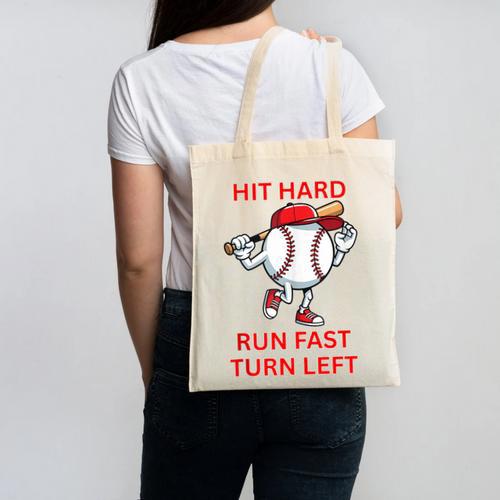 Hit Hard Run Fast Turn Left Baseball Player Canvas Tote Bag - Sportilla