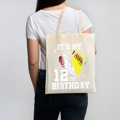 It's My 12th Birthday Baseball Softball Heart 12 Year Old Canvas Tote Bag - Sportilla