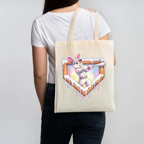Kids Happy Easter Bunny Playing Baseball Boy Ice Cream Drip Canvas Tote Bag - Sportilla