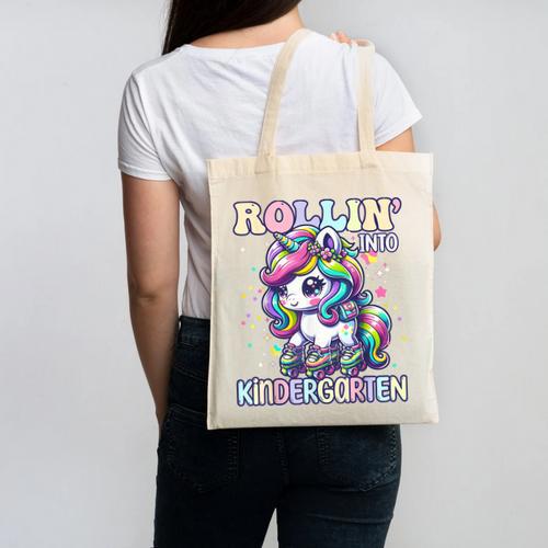 Kindergarten Back To School First Day Girls Rollin Unicorn Canvas Tote Bag - Savourry