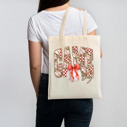 Leopard Checkered Game Day Baseball Coquette Bow Women Girls Canvas Tote Bag - Sportilla