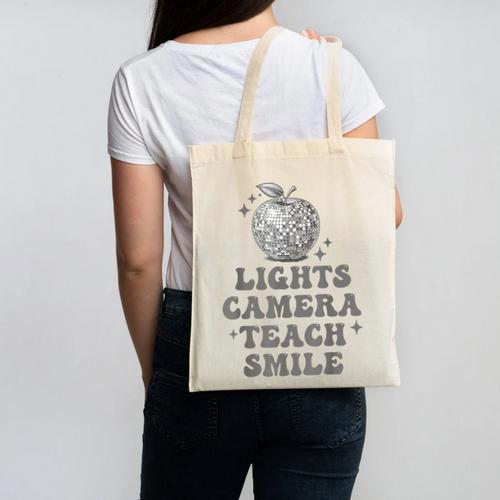 Lights Camera Teach Smile Disco-Ball Back To School Outfit Canvas Tote Bag - Savourry