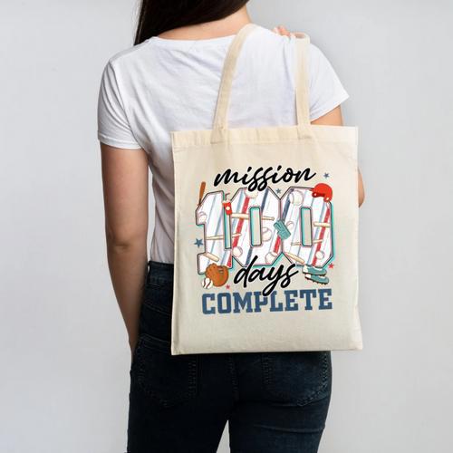 Mission 100 Days Complete Baseball 100th Day Of School Boys Canvas Tote Bag - Sportilla