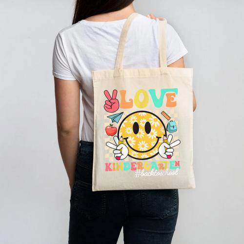 Peace Love Kindergarten Smile Face Back To School Girls Kids Canvas Tote Bag - Savourry
