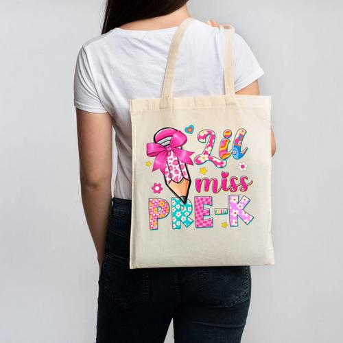 Pencil Bow Lil Miss Pre-K Pre-K Back To School Canvas Tote Bag - Savourry
