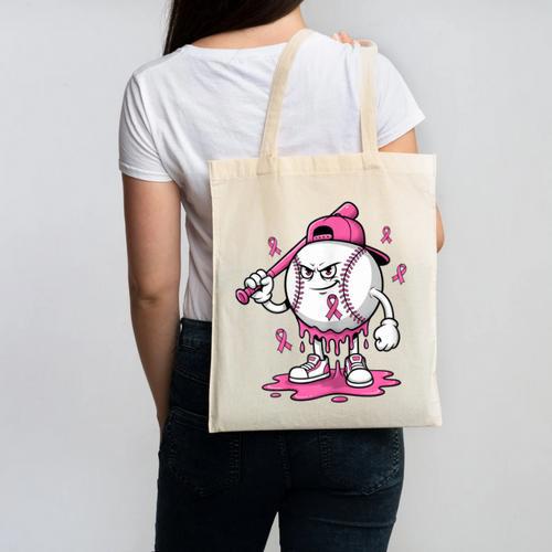 Pink Ribbon Baseball Breast Cancer Awareness Canvas Tote Bag - Sportilla