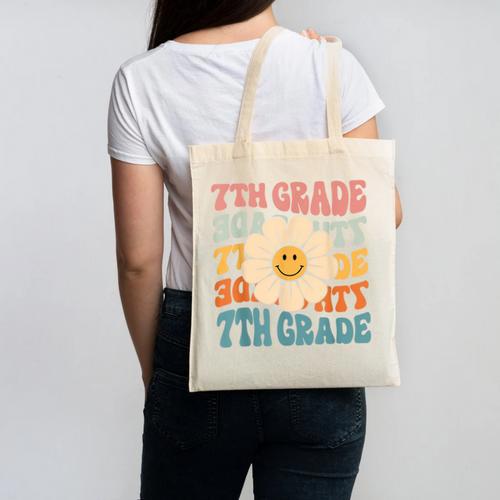 Retro 7th Grade Daisy Colorful Back To School Seventh Grade Canvas Tote Bag - Savourry