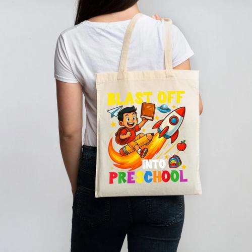Rocket Blast Off Into Preschool Back To School Canvas Tote Bag - Savourry