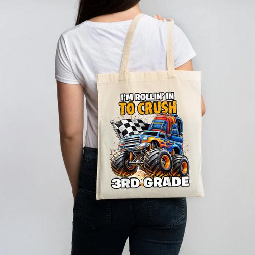 Rollin Crush Monster Truck Back To School 3rd Grade Boys Canvas Tote Bag - Savourry