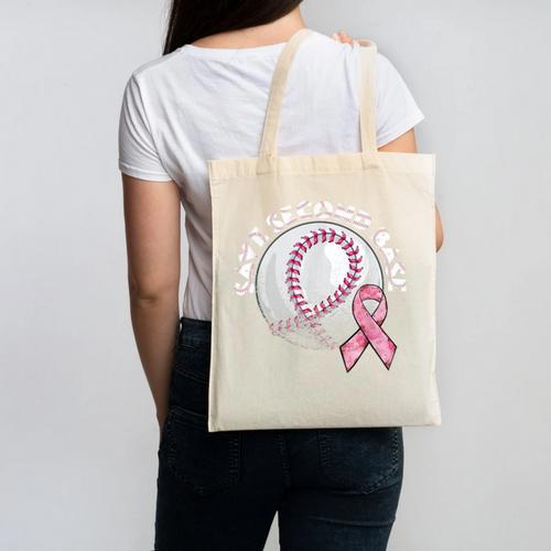Save 2nd Base Breast Cancer Awareness Pink Ribbon Baseball Canvas Tote Bag - Sportilla