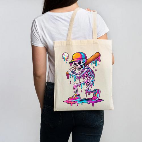Skelton Playing Baseball Halloween Baseball Drip Boys Kids Canvas Tote Bag - Sportilla