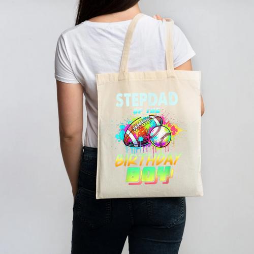 Stepdad Of The Birthday Boy Baseball Football Colorful Canvas Tote Bag - Sportilla