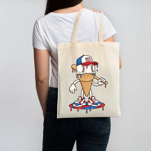 USA Patriotic Baseball Ice Cream Cone Freedom Canvas Tote Bag - Sportilla