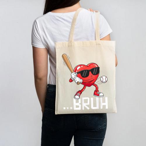 Valentines Bruh Red Heart Playing Baseball Men Boys Kids Canvas Tote Bag - Sportilla