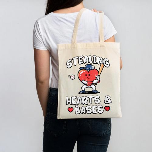 Women's Valentines Day Baseball Stealing Hearts Bases Boys Kids Men Canvas Tote Bag - Sportilla