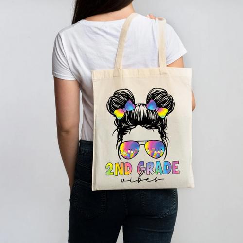 2nd Grade Vibes Messy Hair Bun Girl Back To School First Day Canvas Tote Bag - Savourry