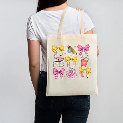 Apple Coquette Bow Books First Day Of School Back To School Canvas Tote Bag - Savourry