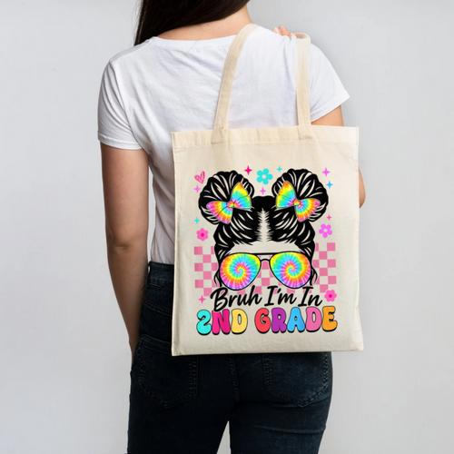 Back To School Bruh I'm In 2nd Grade Cute Girls Messy Bun Canvas Tote Bag - Savourry