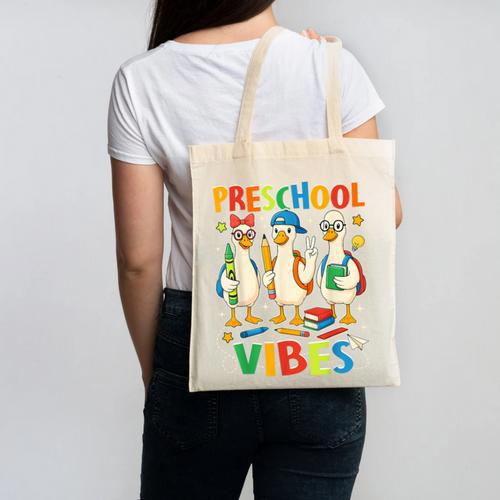 Back To School Cute Goose Preschool Vibes Girls Boys Canvas Tote Bag - Savourry