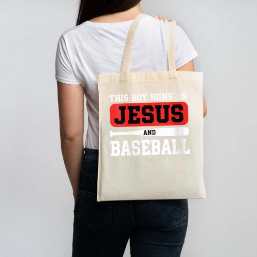 This Boy Runs On Jesus And Baseball Christian Baseball Canvas Tote Bag - Sportilla