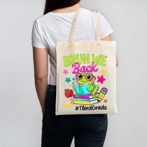 Bruh We Back Third Grade Cute Frog Back To School Canvas Tote Bag - Savourry