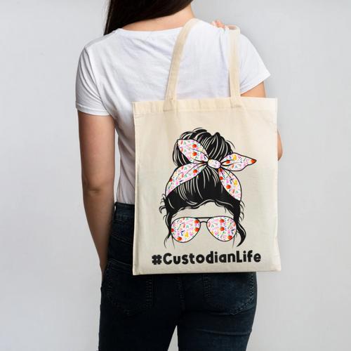 Custodian Life Messy Bun Hair Glasses Leopard Back To School Canvas Tote Bag - Savourry