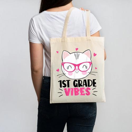 Cute 1st Grade Vibes Cat Kitten Lover Back To School Girls Canvas Tote Bag - Savourry