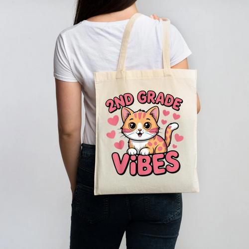 Cute Cat 2nd Grade Vibes Back To School Second Grade Girls Canvas Tote Bag - Savourry
