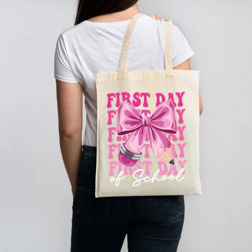 First Day Of School Girls Coquette Bow Back To School Performance Canvas Tote Bag - Savourry