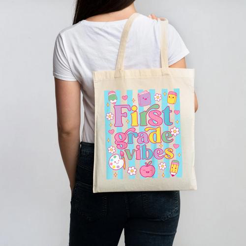 First Grade Vibes Cute Groovy Back To School 1st Grade Girls Canvas Tote Bag - Savourry