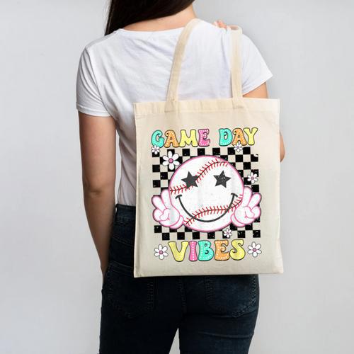 Game Day Vibes Softball Baseball Groovy Game Day Girls Women Canvas Tote Bag - Sportilla