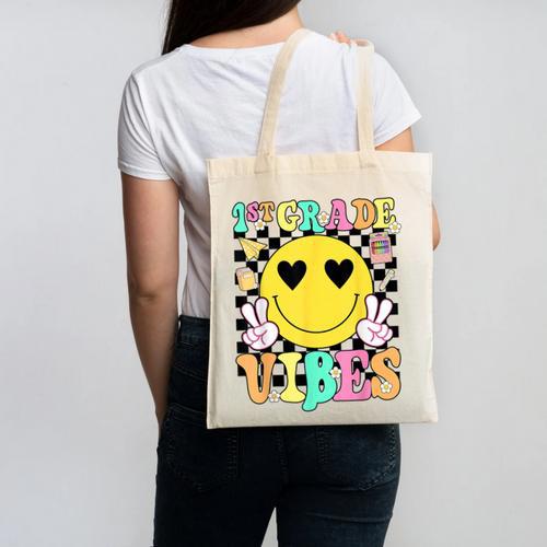 Girls 1st Grade Vibes Smile Face Back To School First Grade Canvas Tote Bag - Savourry