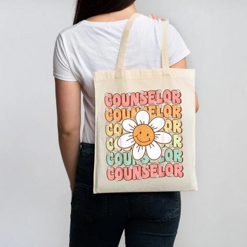 Groovy School Counselor Cute Daisy Flower Back To School Canvas Tote Bag - Savourry