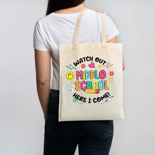 Groovy Watch Out Middle School Here I Come Back To School Canvas Tote Bag - Savourry